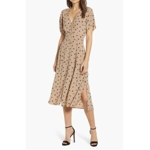 ASTR The Label Dolman Sleeve MIDI Dress Button Front Taupe Side Slit Pockets XS